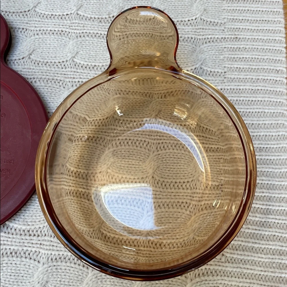 Vtg Corning Visions Heat ‘n’ Serve amber “grab it” bowl/dish/storage Maroon Lid